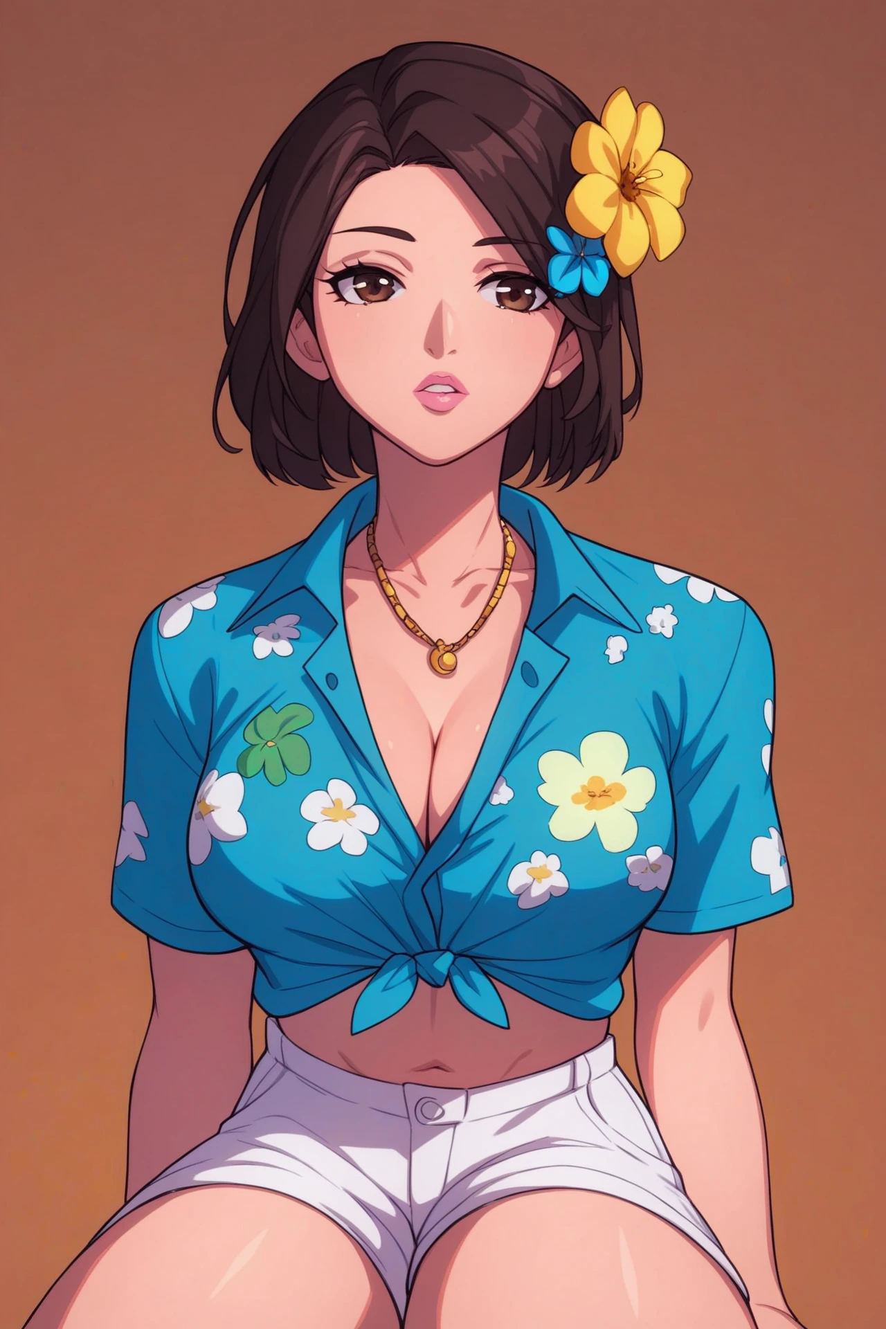 score_9, score_8_up, score_7_up,score_6_up,hair ornament,breasts,shorts,looking ahead,necklace,hawaiian shirt,jewelry,hair flower,orange background,midriff,pink lips,blue shirt,parted lips,tied shirt,yellow flower,sitting,collarbone,brown eyes,white shorts,flower,1girl,cleavage,shirt,highres,absurdres,kebkebab