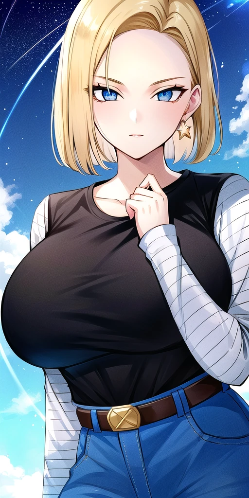 <lora:Lazuli18gouV2:0.7> lazuli18gou, huge_breasts, standing, solo, Black_shirt_striped_sleeves_long_sleeves_Denim_skirt_miniskirt_Belt,denim_vest, starry_sky,, masterpiece, best_quality, detailed_face, detailed_eyes, highres, beautiful, detailed, absurdres,
