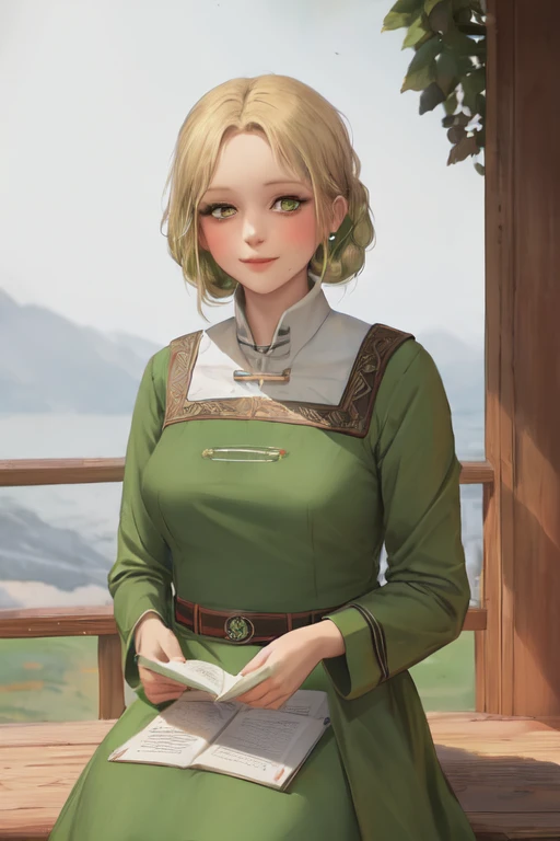 best quality, masterpiece, solo, Rya, green dress, green eyes, blonde hair, looking at viewer, <lora:rya 7:1>