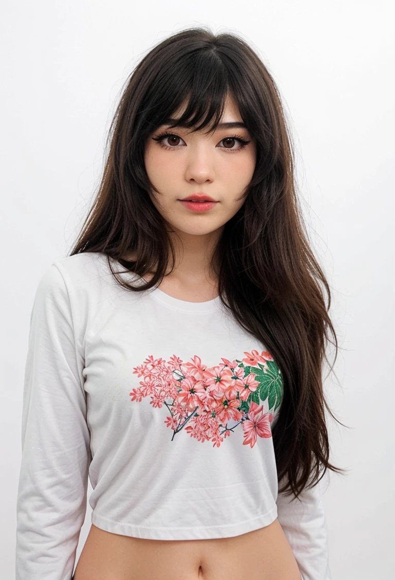 1girl, emirulol, flowered tshirt, long sleeves, (close up:1.4), upper body, headshot, (white background),