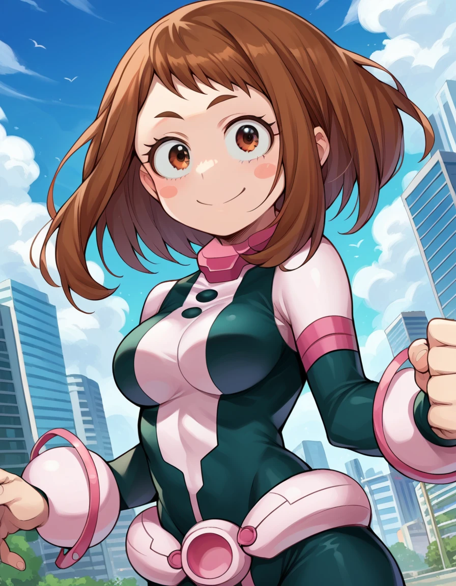 score_9, score_8_up, score_7_up, source_anime,
ochakouraraka, <lora:ochako-uraraka-ponyxl-lora-nochekaiser:1>,
ochako uraraka, brown eyes, brown hair, short hair, blush, blush stickers, smile,
bodysuit, skin tight, superhero,
outdoors, cityscape,
looking at viewer, cowboy shot, dutch angle, dynamic pose,