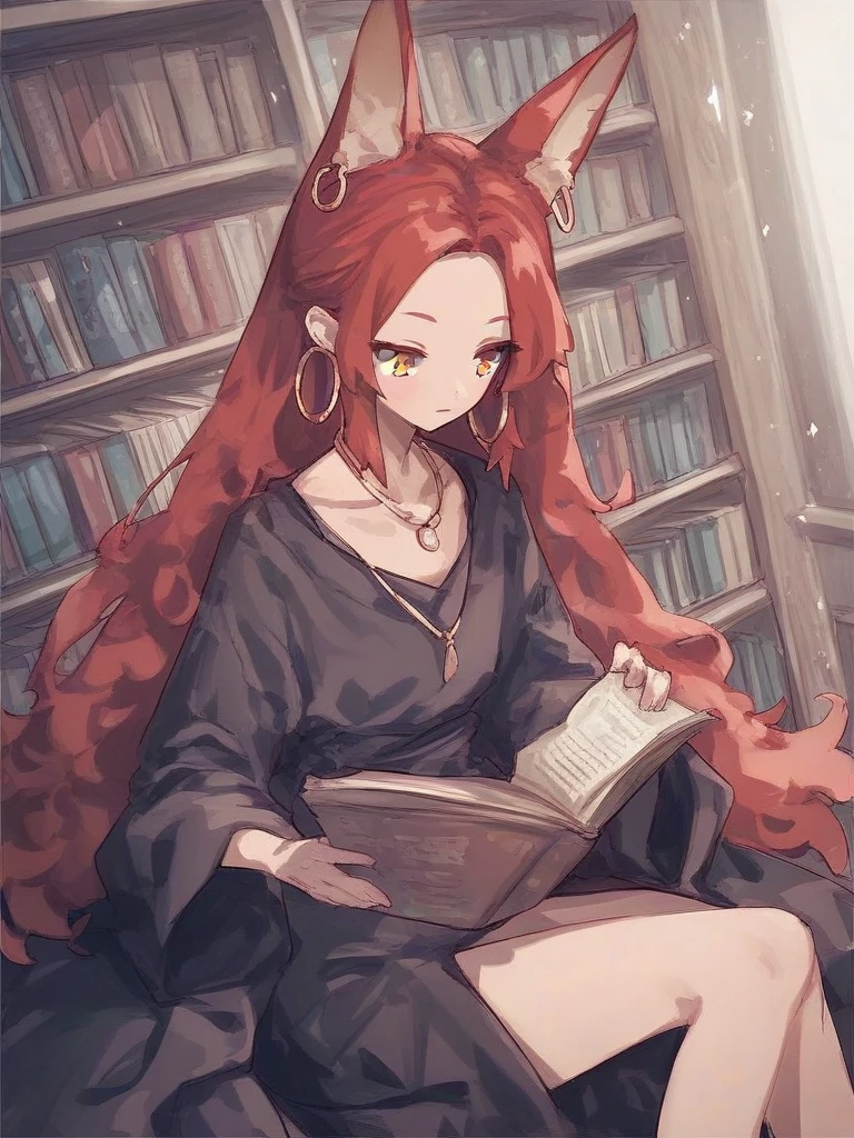 <lora:Neoki-PonyXL-1024px:0.8>
score_5_up, score_6_up,
1girl, solo, sitting in a magical library, reading a tome, wearing (black robe, necklace, hoop earrings), long red hair, fox ears