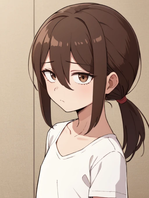 (masterpiece, high quality:1.4), <lora:GoodHands-beta2:1>,BREAK,
1girl, teen, solo, (flat chest:1.2),(medium hair:1.2), (low ponytail:1.25), brown hair, hair between eyes, narrow waist, brown eyes, <lora:low_ponytail-1.0:1>,
BREAK,
white t-shirt,