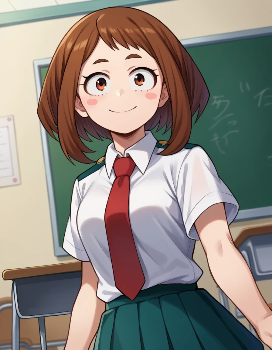 score_9, score_8_up, score_7_up, source_anime,
ochakouraraka, <lora:ochako-uraraka-ponyxl-lora-nochekaiser:1>,
ochako uraraka, brown eyes, brown hair, short hair, blush, blush stickers, smile,
skirt, shirt, school uniform, white shirt, short sleeves, pleated skirt, necktie, collared shirt, red necktie, u.a. school uniform,
indoors, classroom,
looking at viewer, cowboy shot, dutch angle, dynamic pose,