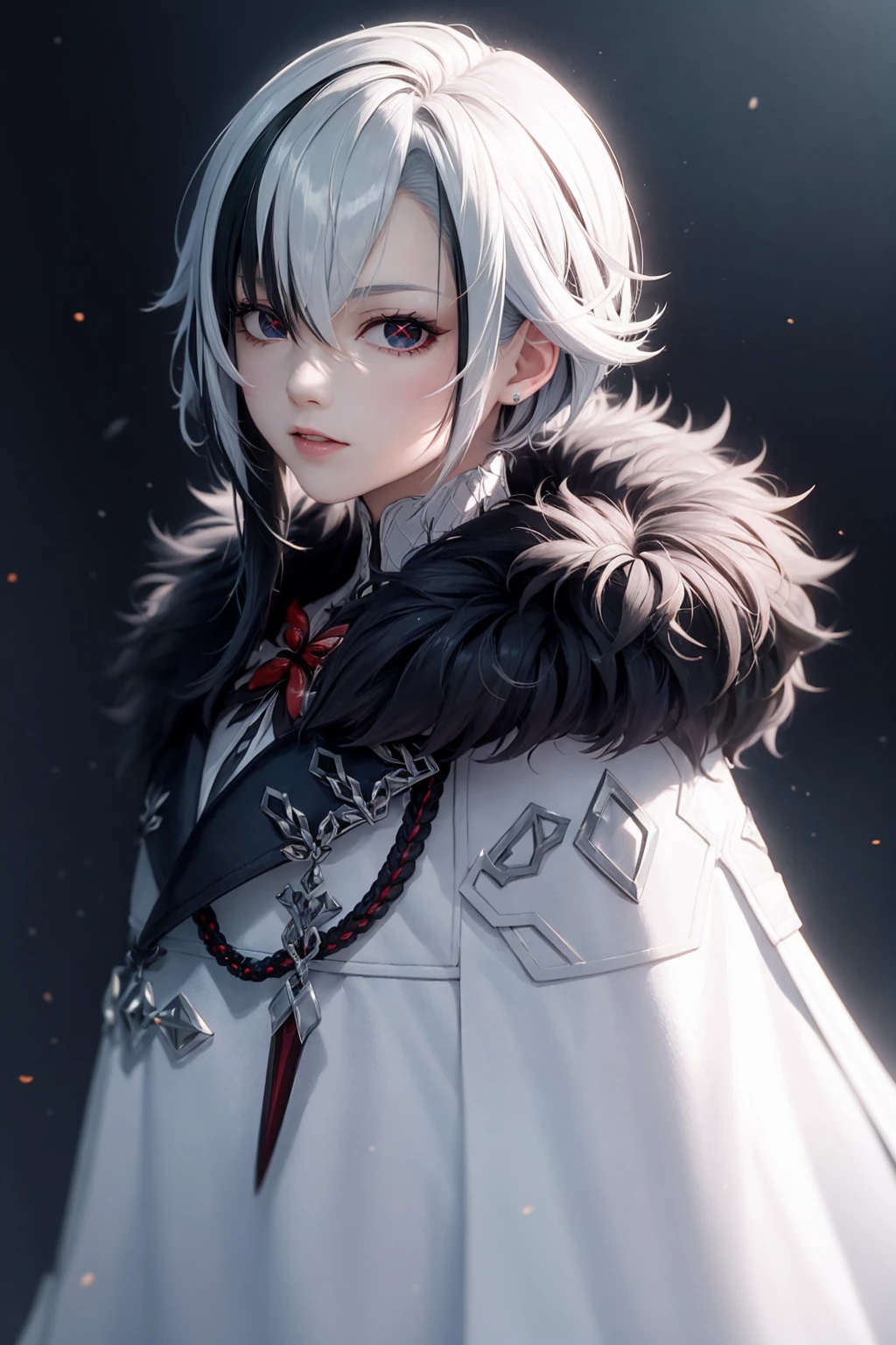 masterpiece,best quality,  <lora:arlecchino:1>,arlecchino \(genshin impact\), 
1girl,grey hair, multicolored hair, short hair,black eyes, x-shaped pupils, bangs,  fur-trimmed coat, white coat, feathers,
