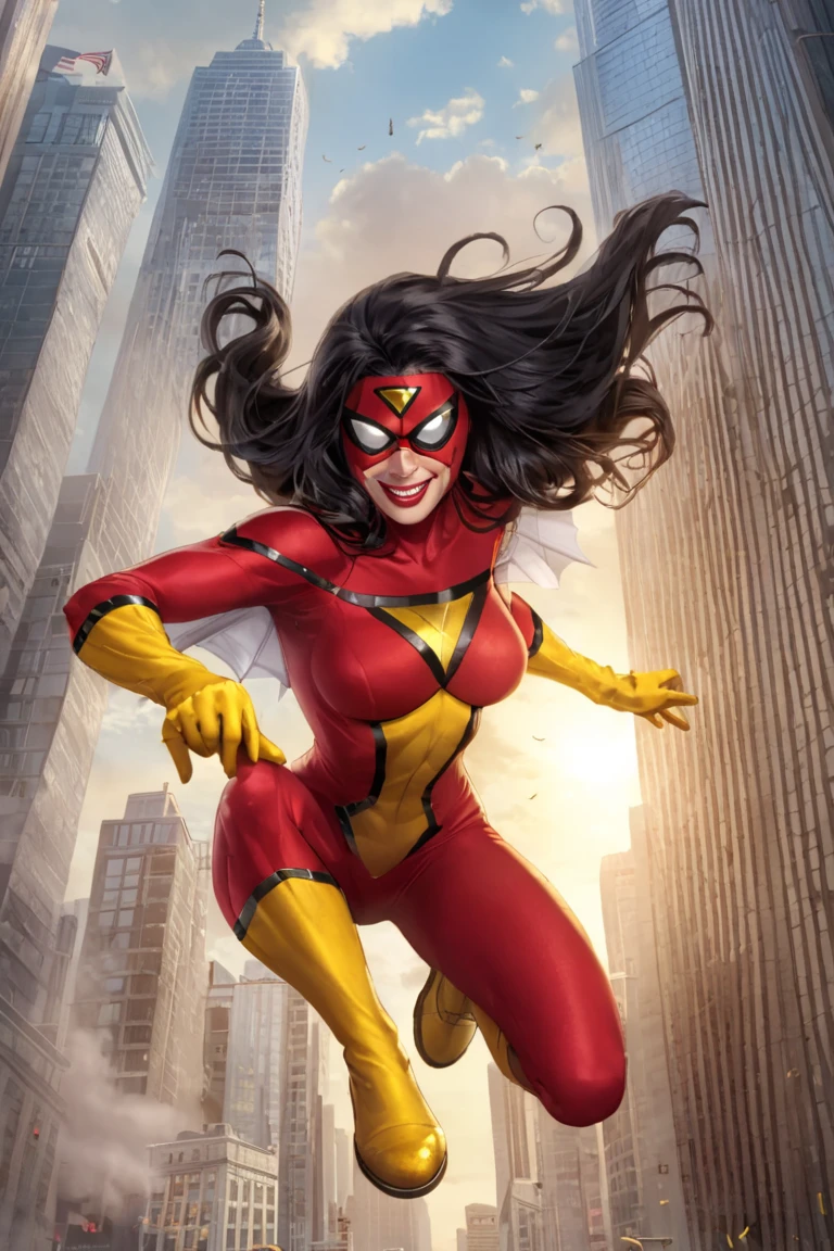 sw_jessicadrew, 1girl, solo, long hair, black hair, lipstick, white lenses, covered eyes, domino mask, superhero, red bodysuit, yellow gloves, yellow boots, cowboy shot, smile, building, city, skyscraper, flying <lora:Spider-Woman (Jessica Drew) SDXL_LoRA_10r_5e_100i_nr32_a16:0.8>
