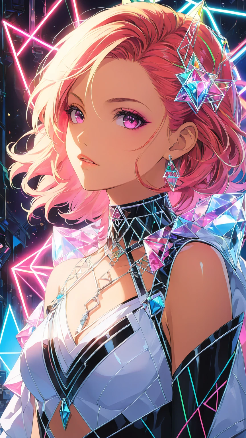 anime artwork masterpiece, best quality, close up portrait of 1girl, solo, supermodel wearing crystal geometric clothing at a photoshoot, neon lines paint her structure, <lora:Lines_Clothes_XL:1.2>, in the style of artgerm . anime style, key visual, vibrant, studio anime, highly detailed