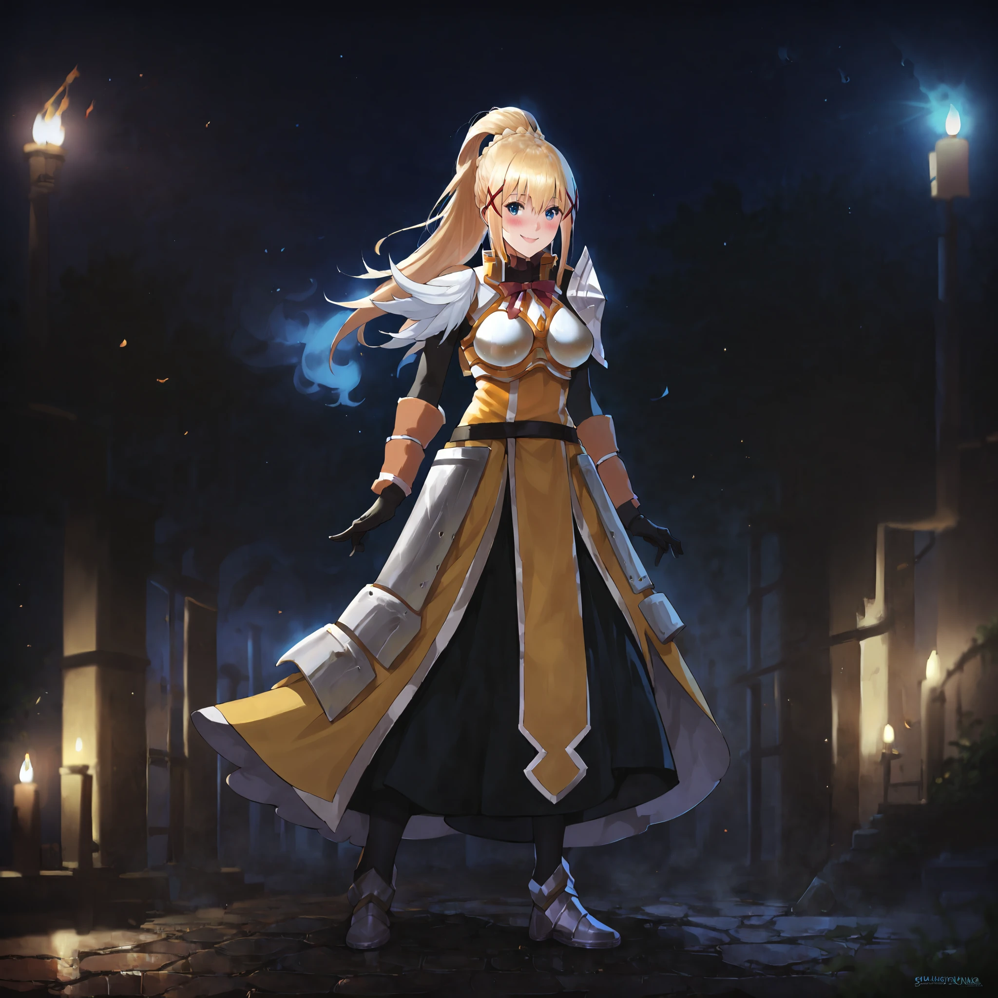 darkness \(konosuba\), 1girl, full body, detailed, dress, smiling ,blush, realistic, <lora:Anime Summer Night Style SDXL_LoRA_Pony Diffusion V6 XL:0.8> dark theme, low light, armor <lora:Darkness-000004:1>, volumetric lighting, depth of field, cinematic, score_9, score_8_up, score_7_up, score_6_up, score_5_up, score_4_up,