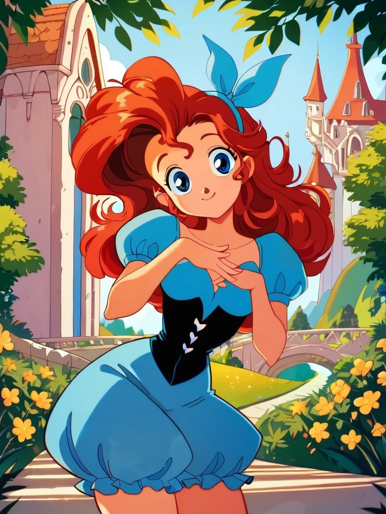 score_9, score_8_up, score_7_up, score_6_up, ArielWaifu walking in a castle, hills, vegetation, leaning forward, cute pose, medium breasts, narrow waist, wide hips, thick thighs, smile, blue eyes, blue dress, hair ribbon, corset, red long hair, retro anime style, looking at viewer, cute, detailed landscape, cowboy shot, cartoon, 4k, masterpiece,
<lora:ArielPonyXL_character-08:0.7> <lora:Faux_Retro_XL:0.8>