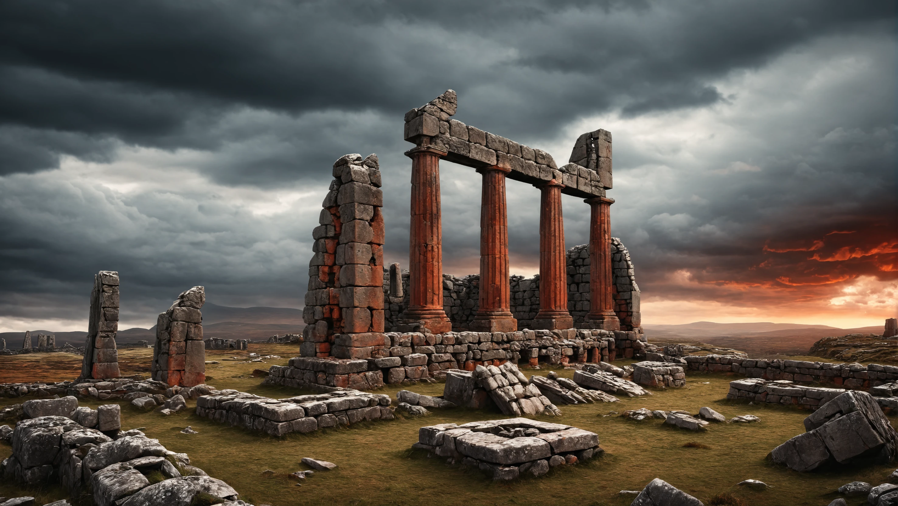 Hyperrealistic art Old Celtic ruins, in a desolate landscape, a dramatic overcast sky with orange and red hues can be seen.
<lora:Landscapes-v1.1:0.8>, . Extremely high-resolution details, photographic, realism pushed to extreme, fine texture, incredibly lifelike