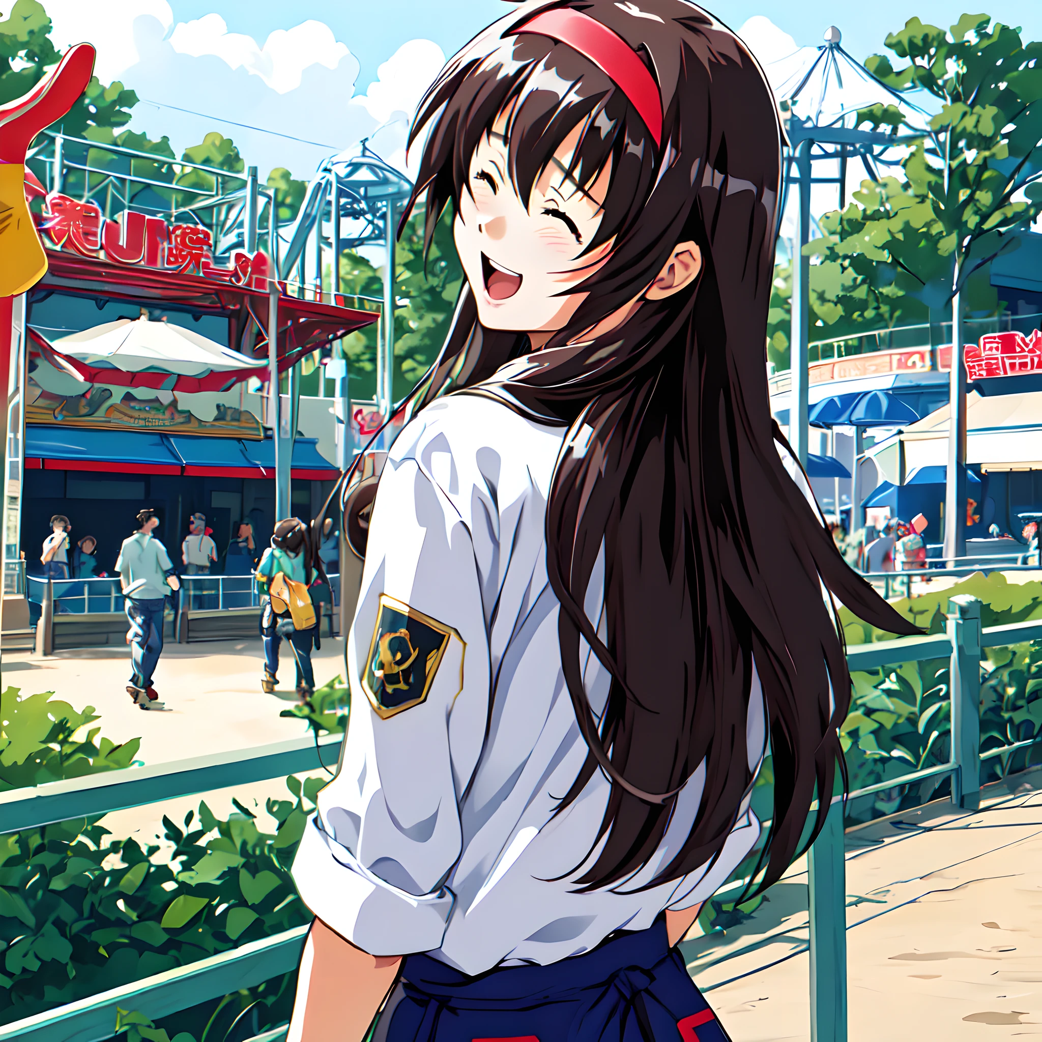 <lora:himeno:0.8>,himeno,1girl,super fine illustration,masterpiece,best quality,cowboy_shot,looking_back,amusement_park,laughing,close one's eyes,