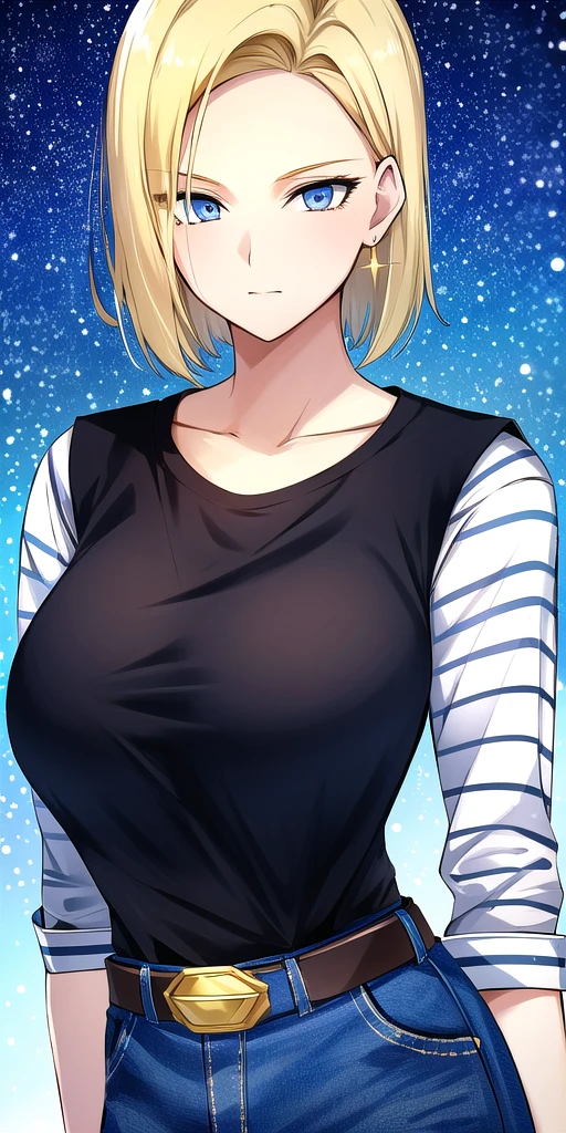 <lora:Lazuli18gouV2:0.7> lazuli18gou, huge_breasts, standing, solo, Black_shirt_striped_sleeves_long_sleeves_Denim_skirt_miniskirt_Belt,denim_vest, starry_sky,, masterpiece, best_quality, detailed_face, detailed_eyes, highres, beautiful, detailed, absurdres,