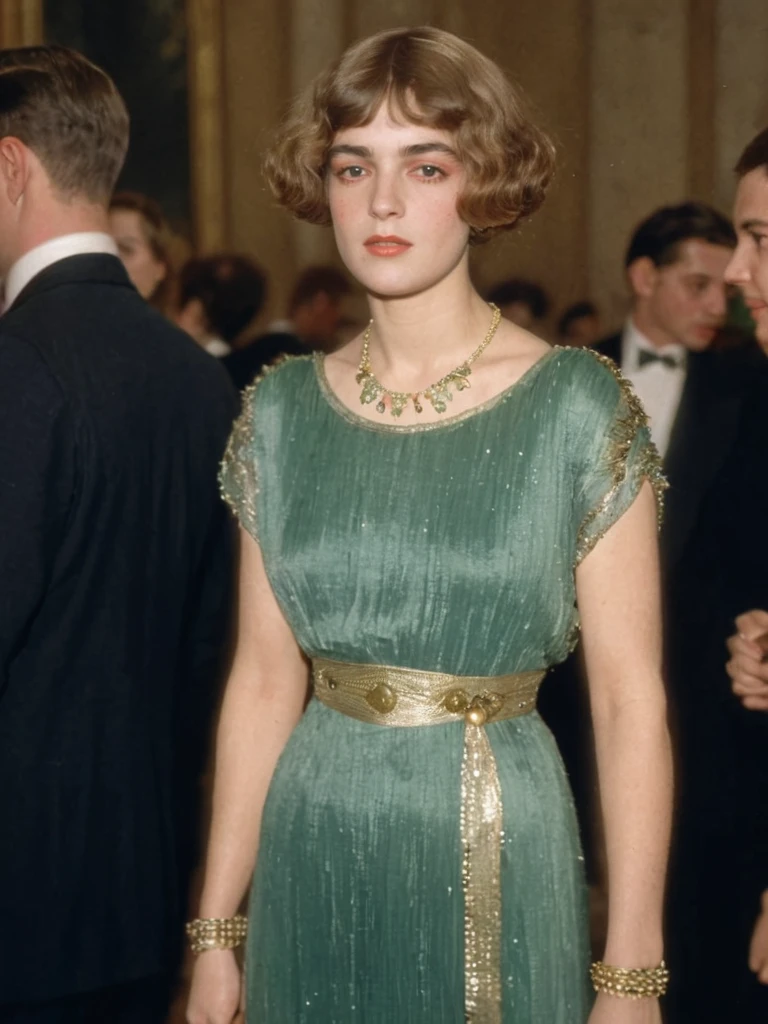 color photo, sharp, uhd, high resolution, woman wearing dress at a gala fete in 1907 <lora:Belle_Epoque_Dresses_1880-1914_XL:1> Fortuny