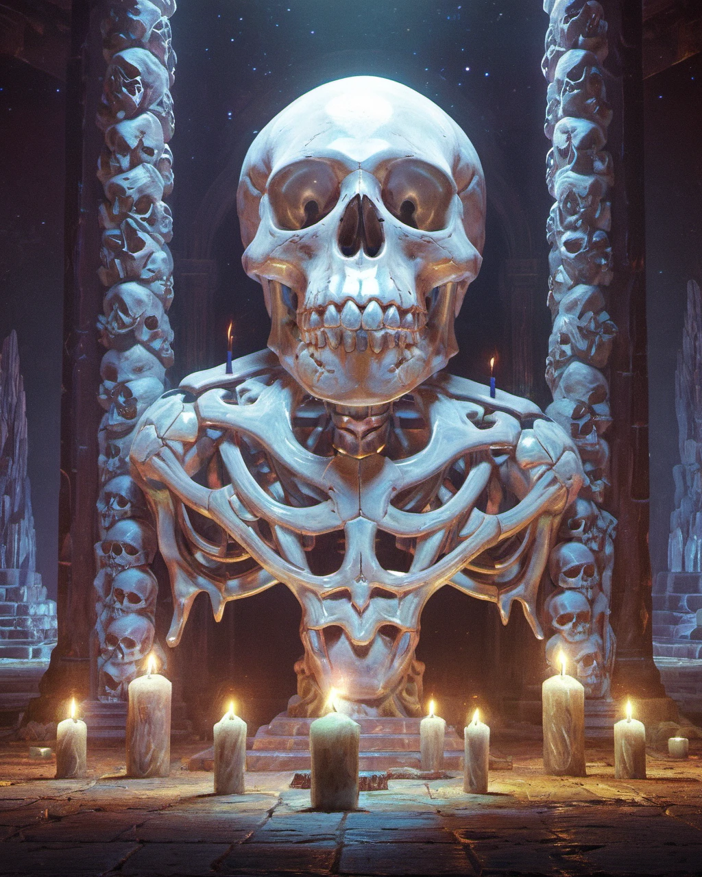 Beeple style, digital art, giant crystalline skull, chromatic aberration, ancient temple interior, candles and torchlight, meticulous detail