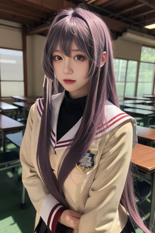 ltra-detailed,highly detailed,best quality,masterpiece,illustration,realistic,photorealistic,
fujibayashi kyou, hikarizaka private high school uniform,
1girl, solo, cosplay,
looking at viewer, upper body,
<lora:fujibayashi kyou_v1_05:0.8>