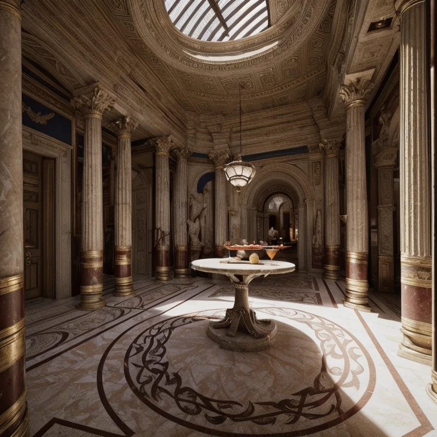 (masterpiece:1.2), (best quality,:1.2), 8k, HDR, ultra detailed, ((photorealistic)), professional light, cinematic lighting, fashion photography, ambient lighting, face lighting, <lora:detail_slider_v4:1>, Fantasy picture, OverallDetail, large ancient room with a marble table, RomInt, <lora:RomanInterior-10:1>, epiCPhoto