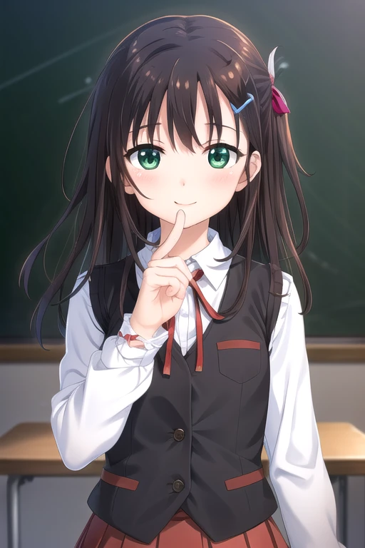 ((masterpiece)),(best quality),official art,extremely detailed CG,unity 8k wallpaper,ultra detailed,beautiful detailed eyes,extremely detailed face,classroom,1girl,solo,upper body,(portrait:1.5),looking at viewer,facing viewer,(petite:1.2),smile,Onami Sora,brown hair,long hair,one side up,floating hair,hair intakes,hair ribbon,hair ornament,hairclip,bangs,green eyes,black vest,vest button,wing collar,neck ribbon,red ribbon,collared shirt,white shirt,long sleeves,small breasts,miniskirt,red skirt,pleated skirt,black socks,loafers,<lora:Onami Sora(oazgs)>,
