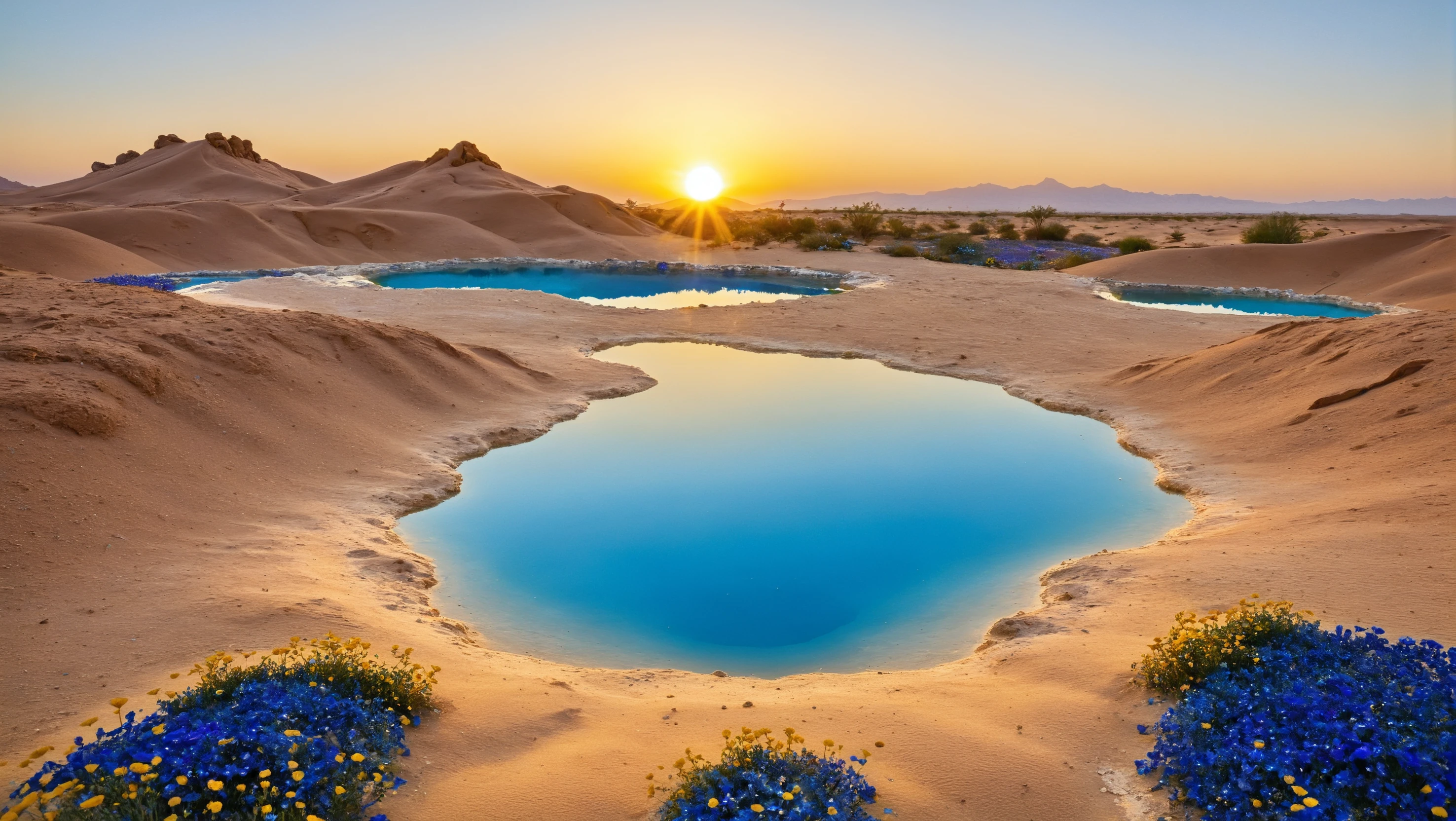 A desert oasis, with a crystal clear, blue ponds, colorful flowers, and a golden sunrise
<lora:Landscapes-v1.1:0.8>,