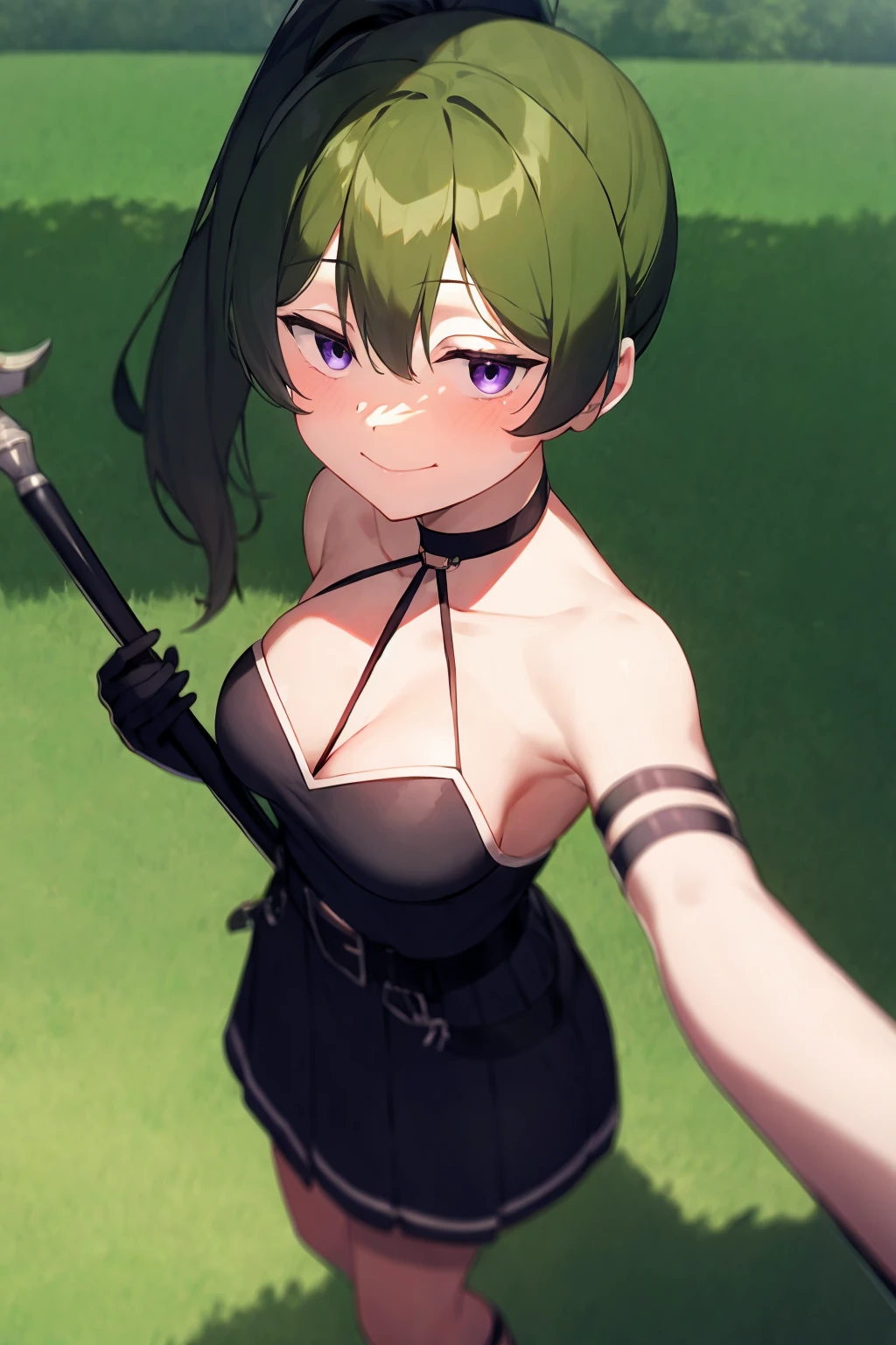 masterpiece,best quality, <lora:ubel:1>,1girl, breasts, solo, purple eyes, black dress, dress, single glove, green hair, looking at viewer, smile, gloves, bare shoulders, cleavage, holding, ponytail, black gloves, bangs, closed mouth, long hair, medium breasts, staff, belt, single elbow glove, halterneck, armlet, weapon, hair between eyes, elbow gloves, from above, grass, outdoors, halter dress, holding weapon, standing