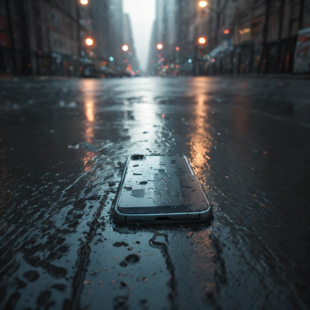 <lora:t1hal:1> smartphone on the ground in the street in the style of t1hal