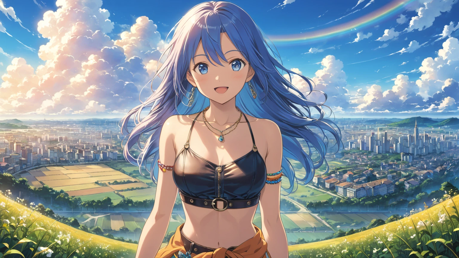 anime artwork, masterpiece, best quality, (1girl, solo, rainbow long hair, blue eyes, intricate jewelry, necklace, bracelet, beads, leather crop top, key belt, clothes around waist, waist up, city landscape in distance, blue sky, field, landscape, cloud trails, looking at you, happy, open mouth, medium breasts, centered, symmetrical:1.2), intricate details, soft lighting, high quality, sharp details, insanely detailed, elegant artwork by Makoto Shinkai and Miyazaki Hayao, (breathtaking:1.2), (anime realism:1.2), (profound beauty:1.2) . anime style, key visual, vibrant, studio anime, highly detailed