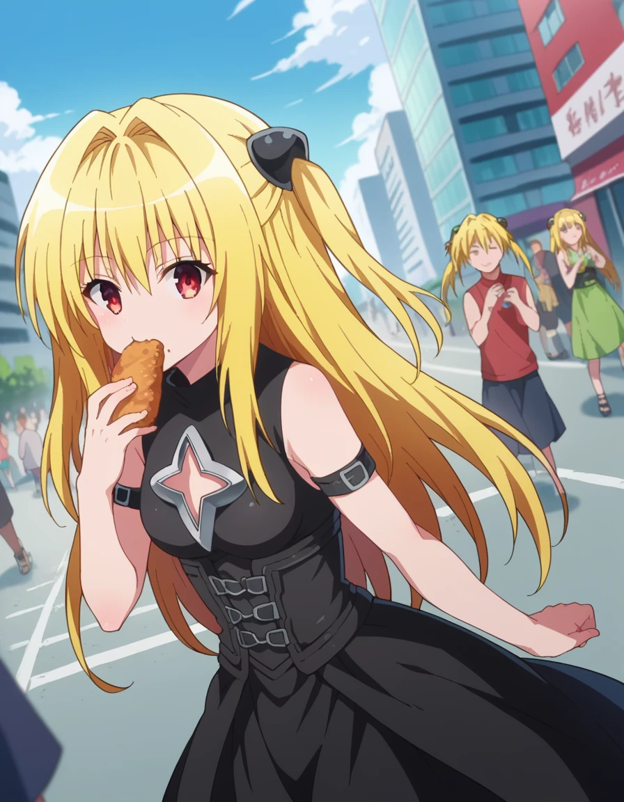 score_9, score_8_up, score_7_up, source_anime,
toloveruyami, <lora:golden-darkness-ponyxl-lora-nochekaiser:1>,
yami, yellow hair, long hair, red eyes, hair ornament, two side up,
sleeveless, detached sleeves, dress, black dress, black skirt, clothing cutout, cleavage cutout,
outdoors, cityscape, street, crowd, people, food, taiyaki, eating,
looking at viewer, cowboy shot, dutch angle, dynamic pose,