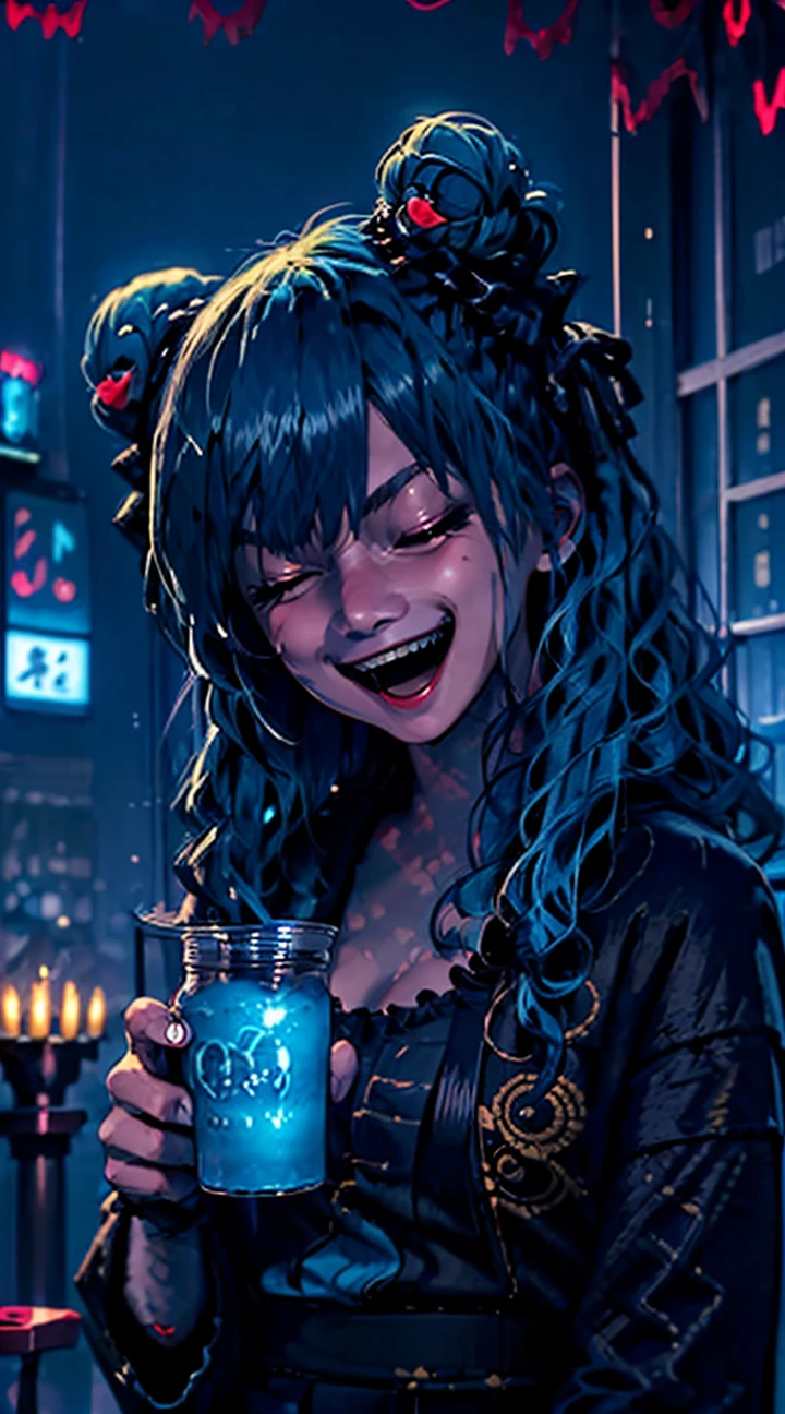 masterpiece,1girl,<lora:DarkerLight2:1>,DarkerLight,1girl, solo, closed eyes, smile, open mouth, blue hair, double bun, kimono, japanese clothes