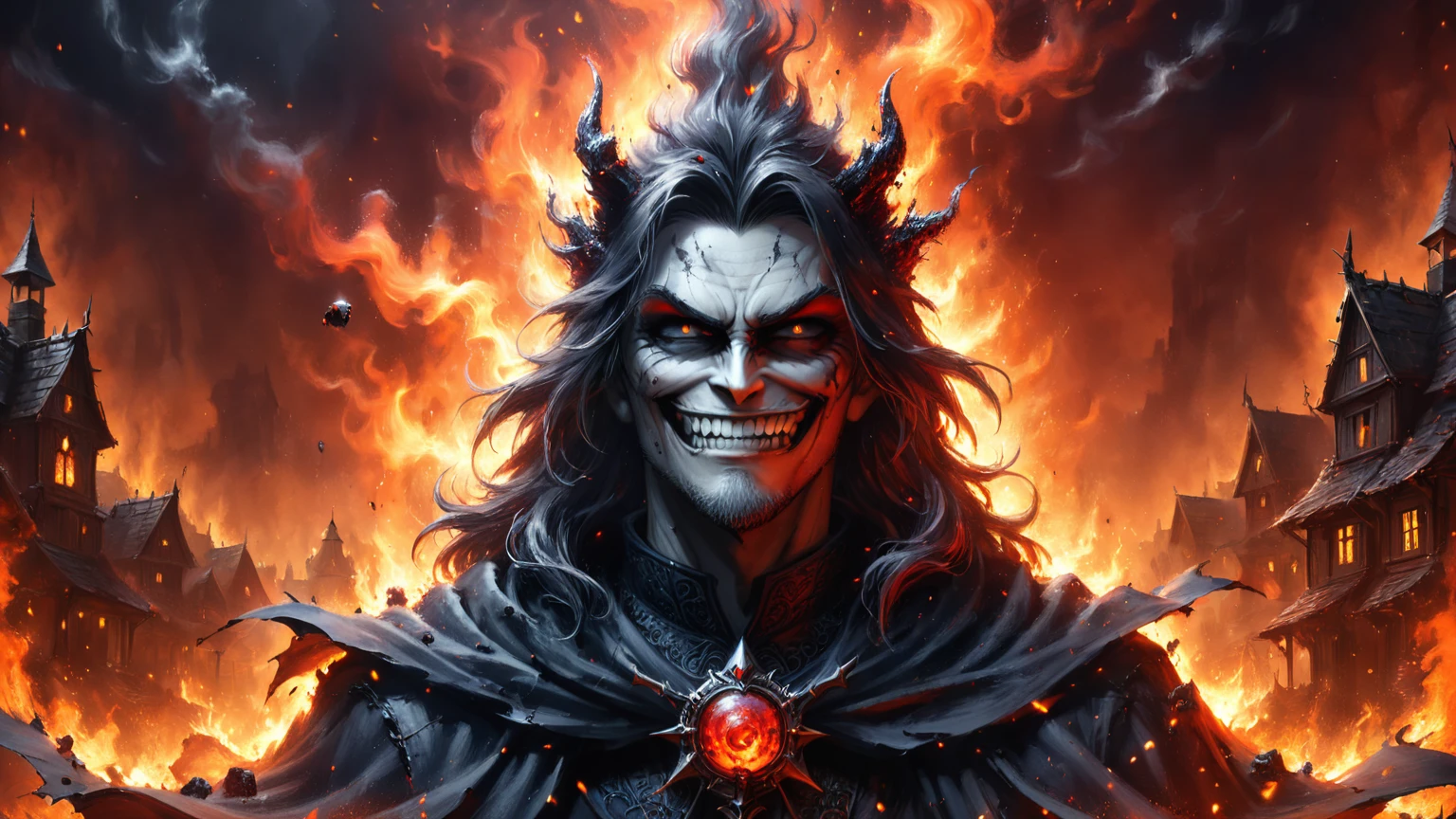 ais-darkpartz, close up portrait of a dark wizard with black crimson robes casting a deadly spell in a village on fire, evil grin, lightrays, blazing, art by Stefan Koidl and Frank Frazetta, night, darkness, bleak, <lora:- SDXL - creepy_n_freaks_V1.0:0.7>, <lora:Dark_Particles_Style_SDXL:0.7>