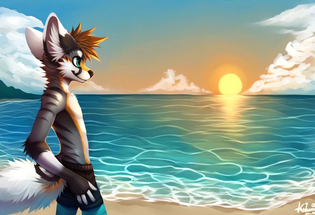 solo, male, furry, slim body, standing in water, outside, ocean, skies, clouds, sunset