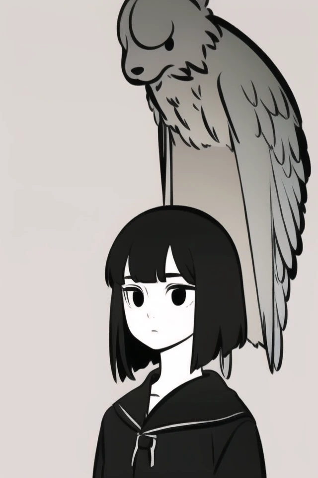 1girl,solo,black hair,short hair,white skin,black eyes,expressionless,simple background,masterpiece,best quality,high quality,<lora:FRZ:1>,