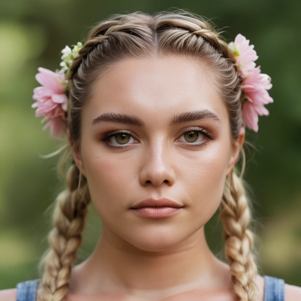 Skin texture, no makeup, Super high res closeup portrait photo of a woman outdoors with her hair in two braids, decorative flowers in her blonde hair,f /2.8, Canon, 85mm,cinematic, high quality,looking at the viewer, <lora:flopugh_xl_1_standard_wo_cap_merger_17_68_05_05:1>
