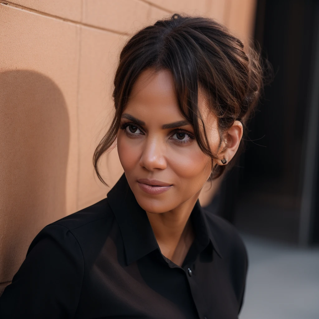 Best_QualityPos, RAW photo, intricate details, best quality, 8k uhd, soft lighting, 1girl, solo, halle berry, brown eyes, black hair, short hair, dark skin, black collared shirt <lora:Halle_Berry:0.5> <lora:backlight_slider_v10:-0.5>