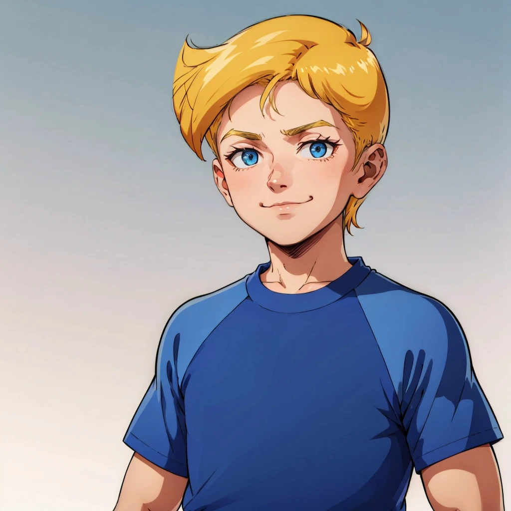 1boy, solo, Norman, blue eyes, blonde hair, short hair, retro artstyle,  child, blue shirt, smirk, raglan sleeves, short sleeves  ,  <lora:Norman_TotallySpies_Leaf3-10:0.8>,  cowboy shot, gradient background,