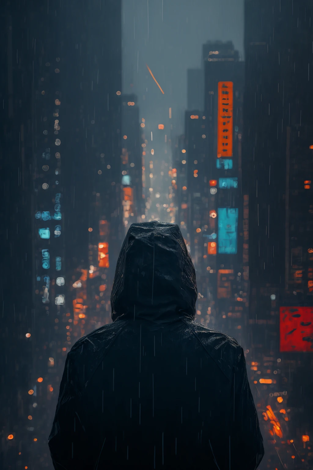 <lora:t1hal12864:1> backview of a person wearing blue raincoat watching the city from the distance in the style of t1hal