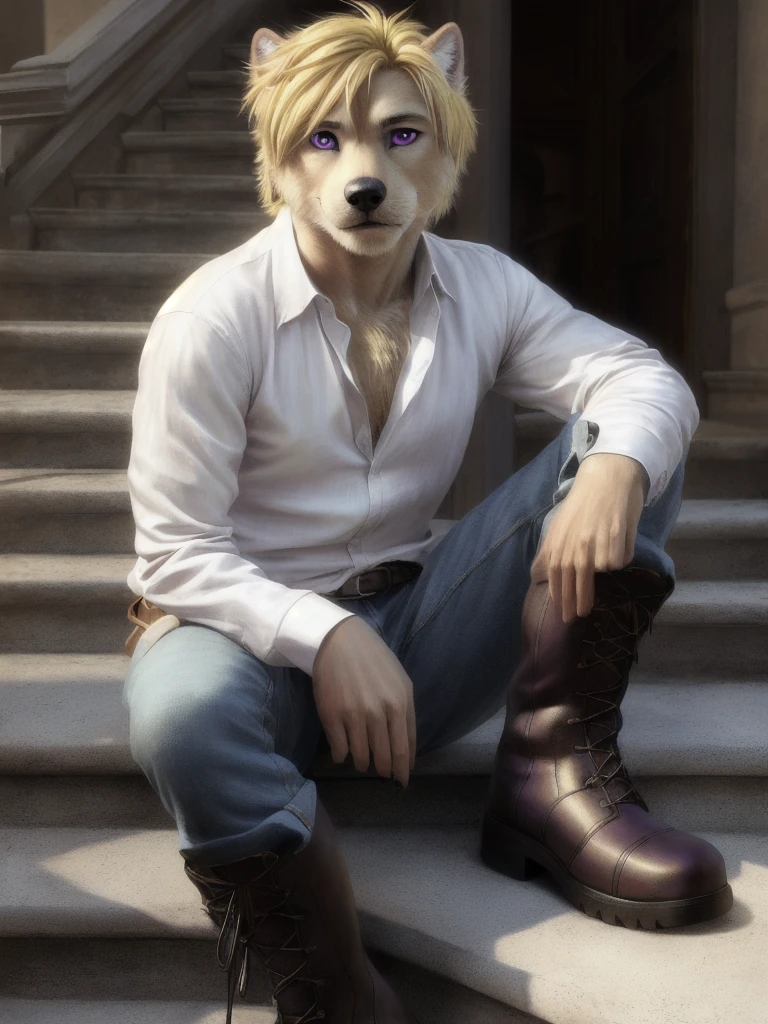photorealistic, masterpiece, best quality, highly detailed, illustration, realistic, male, furry, blonde hair, purple eyes, detailed eyes, flat chest, white shirt, boots, sitting on staircase, looking at viewer, full body