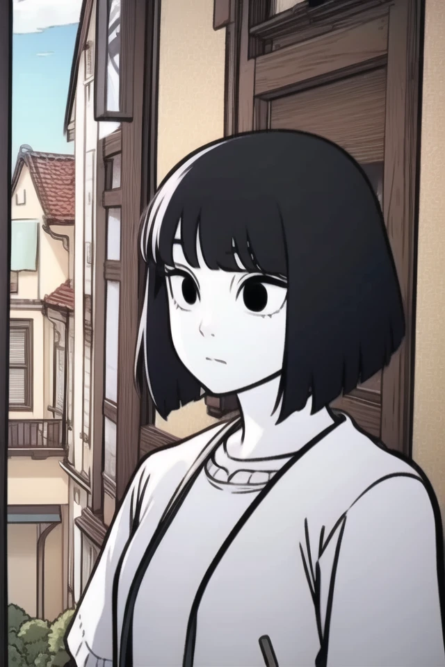 1girl,solo,black hair,short hair,white skin,black eyes,expressionless,balcony,masterpiece,best quality,high quality,<lora:FRZ:1>,