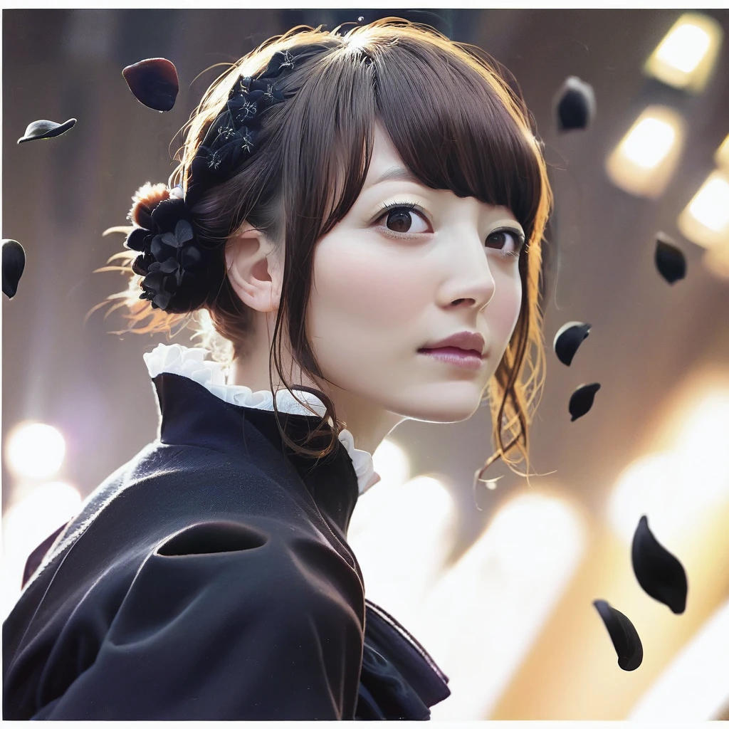 score_9, score_8_up,  score_7_up, score_6_up, <lora:KanaZawa:0.8> kanahanazawa wearing gothic dress with frilled sleeves, stage lights, falling black flower petals, looking at viewer, tied hair, close, album cover, white border,
