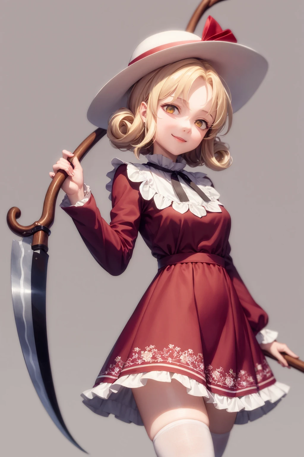 masterpiece, best quality,  <lora:elly:1>,
1girl,white hat,red bow,blonde hair,short hair,yellow eyes,red ribbon,long sleeves,red dress,white thighhighs,
holding scythe,scythe, holding, 
grey background, cowboy shot, smile,