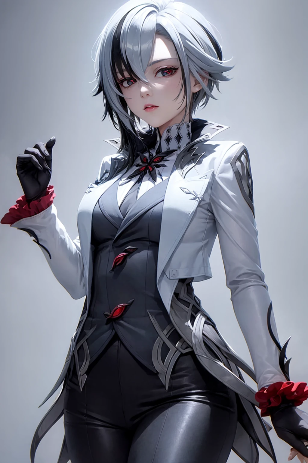 1girl,red and black theme,white hair,black dress,feathers,messy hair,disdain,cowboy shot,weapon,red eyes,holding weapon,