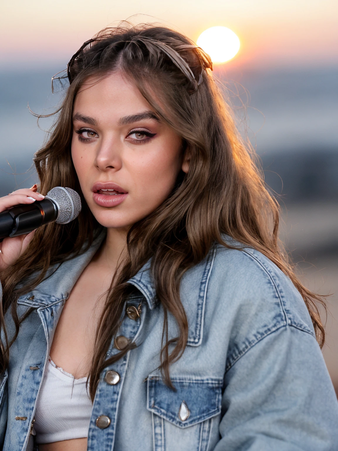 high resolution photo of hail33 woman,she's wearing a denim jacket,she has long brown hair,eyeliner,lipstick,close-up,sunrise,she's singing on stage,highly detailed skin,pores
