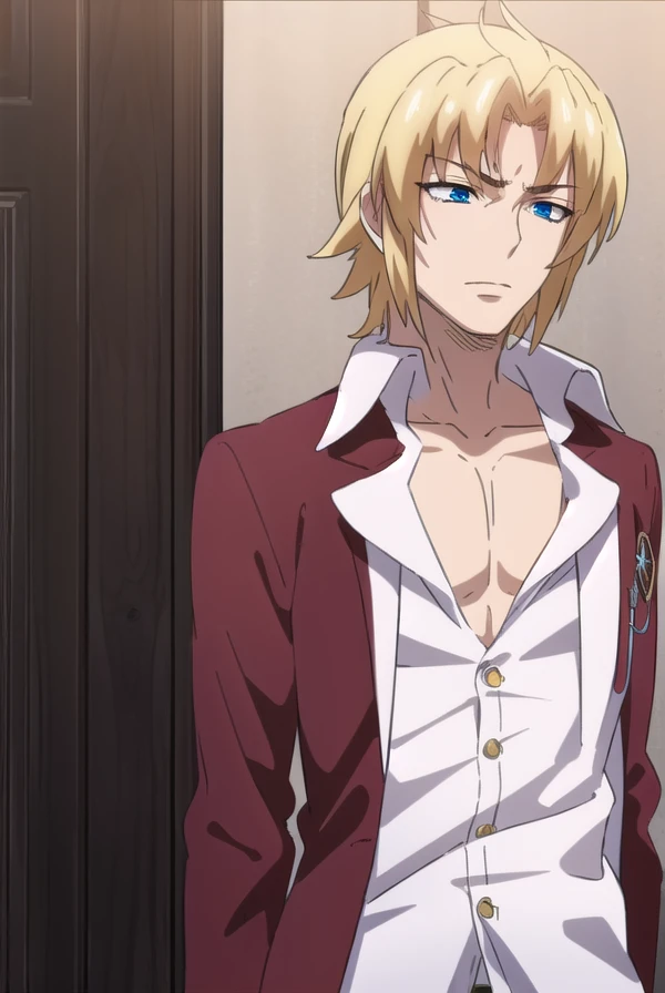 riserphenex, <lora:riser phenex s1-lora-nochekaiser:1>,
riser phenex, blonde hair, closed eyes, male focus, blue eyes, (parted bangs:1.5),
BREAK shirt, white shirt, collar shirt, high collar, blazer, red blazer, pants, red pants,
BREAK indoors,
BREAK looking at viewer, (cowboy shot:1.5),
BREAK <lyco:GoodHands-beta2:1>, (masterpiece:1.2), best quality, high resolution, unity 8k wallpaper, (illustration:0.8), (beautiful detailed eyes:1.6), extremely detailed face, perfect lighting, extremely detailed CG, (perfect hands, perfect anatomy),