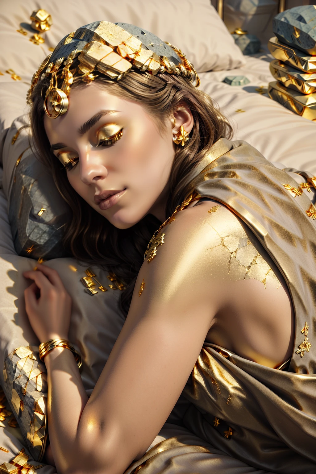 <lora:StoneAndGold:1>(StoneAndGold:1.3)   1woman sleeping on bed