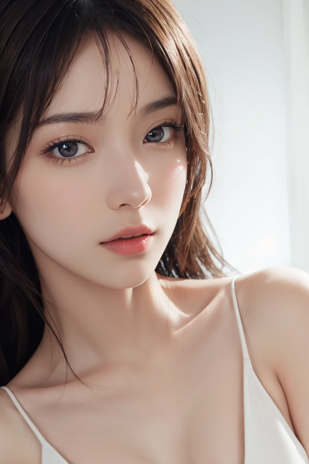 1girl, (close up:1.2), oblique angle, canted angle, (best quality, masterpiece, illustration, photorealistic, photo-realistic), (realistic:1.4), RAW photo, ultra-detailed, CG, unity, 8k wallpaper,16k wallpaper, extremely detailed CG, extremely detailed, an extremely delicate and beautiful, extremely detailed, Amazing, finely detail, official art, High quality texture, incredibly absurdres, highres, huge filesize, highres, look at viewer, (young:1.4), (beautiful detailed Japanese girl), 18 years old girl, (glossy shiny skin, beautiful skin, fair skin, white skin, realistic_skin), ((shiny black hair)), perfect face, detailed beautiful face, detailed light brown eyes, glossy lips,
