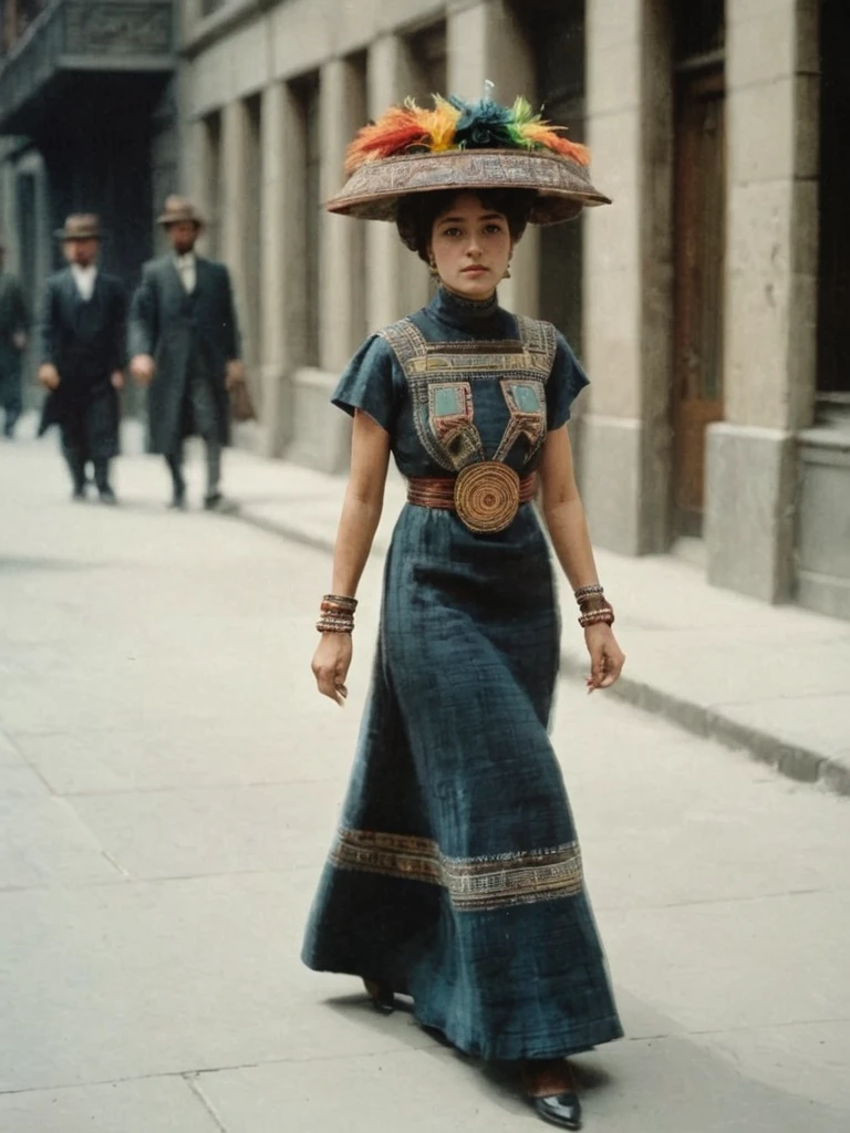 color photo, sharp, uhd, high resolution, woman wearing dress with a Mayan Brutalist design and hat walking in the sidewalk <lora:Belle_Epoque_Dresses_1880-1914_XL:1> 1900_dr3ss