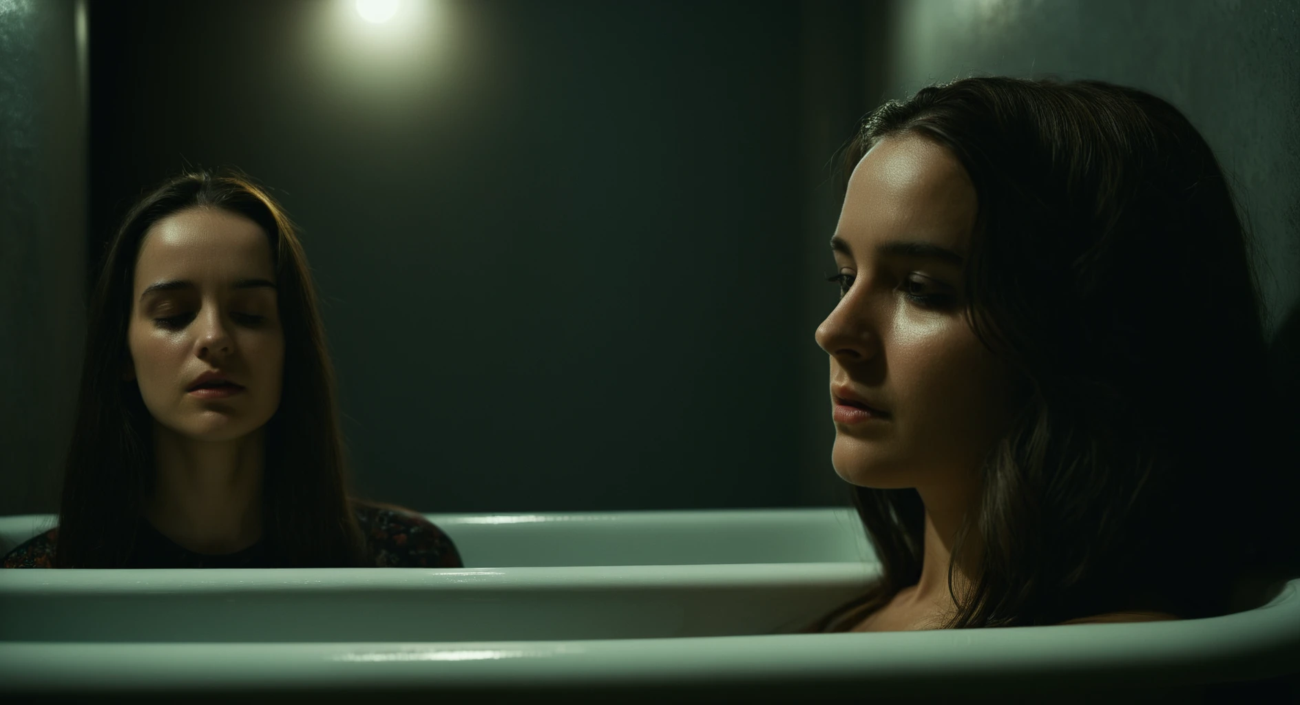 cinematic film still of <lora:Split Diopter style:1>
Split image focus of a closeup of a woman looking down at something next to another woman sitting in a bathtub in background in a dark room,Split Diopter style,1girl,long hair,brown hair,shirt,black hair,1boy,sitting,closed eyes,male focus,pants,black pants,bathtub,nearsighted,farsighted,split,split focus,focus,sharp focus,deep focus,Split focus,split screen , artistic, Kodak, dramatic light, dramatic shadow light, contrast, saturated color, cinematic, filmic, motion picture, realistic, realism, perfection, perfect, deep focus, clean image, wide screen, detailed image, cinematic, deep space composition, shallow depth of field, vignette, highly detailed, high budget, bokeh, cinemascope, moody, epic, gorgeous, film grain, grainy
