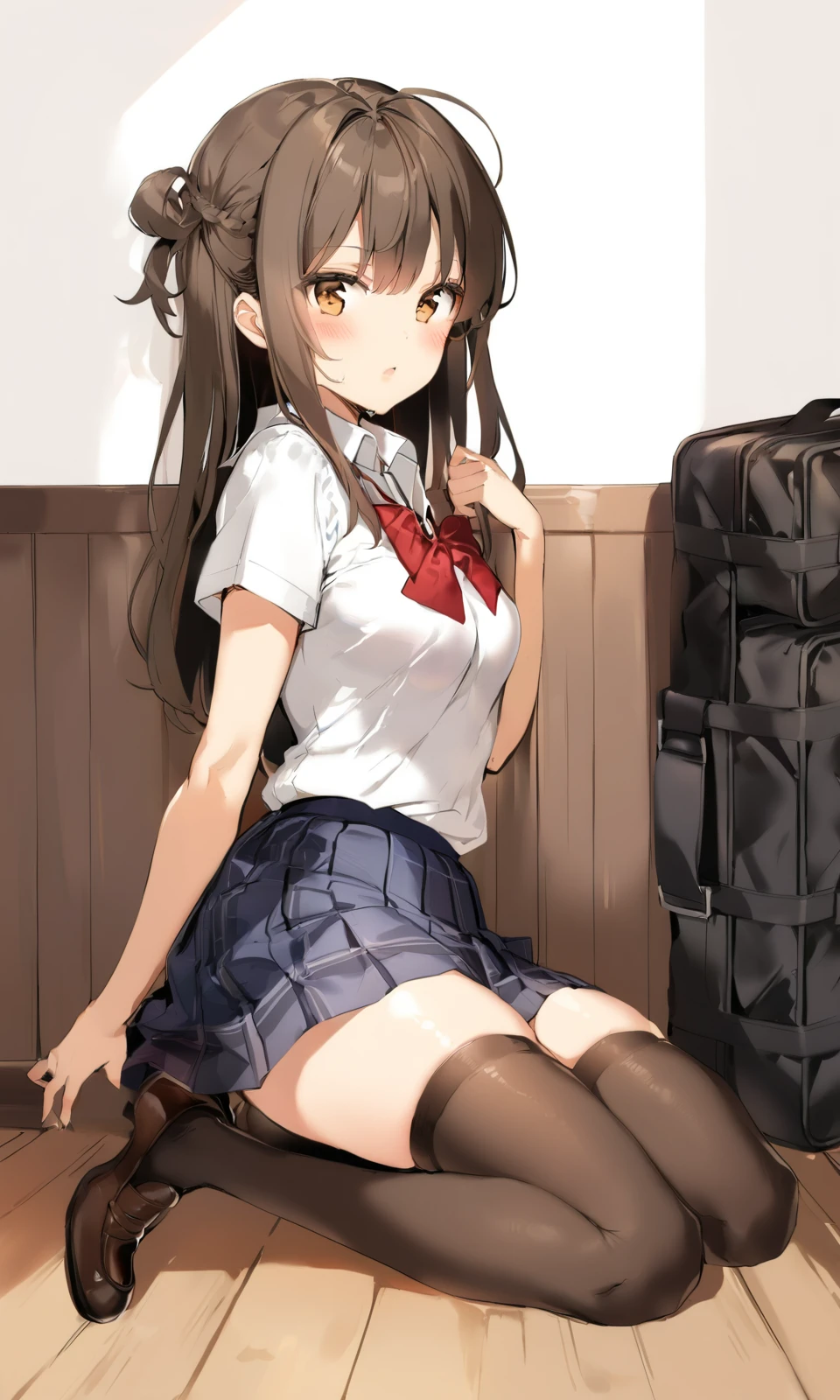 score_9, score_8_up, score_7_up,source_anime, masterpiece,(best quality, ultra-detailed:1.6),(ultra high res:1.4),super fine ( watercolor),(sharp focus),(insanely detailed:1.3),(detailed face:1.1),(perfect anatomy),ultra-detailed animation, very aesthetic, intricate, delicate (illustration),(cute face:1.1),(cute body:1.1),1girl,solo,looking at viewer,
low twintails, black hair, blue eyes,round glasses,strawberry pattern print panties,smile,surprise, blush, wavy mouth,
school uniform, blazer, brown blazer, wheat colored blazer, modern style with fitted jacket, short skirt, red skirt, pleated skirt, loafer, dark brown leather,paired with knee-high socks,school bag,
(run down the stairs:1.1), (from below:1.3), (from front), panty focus, cameltoe,