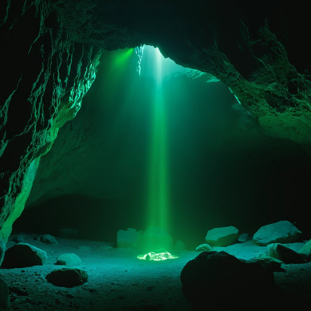 cinematic film still of <lora:Juxtaposition style:1>
From below, Juxtaposition of a cave with a bunch of green lights,monochrome,no humans,scenery,blue theme,fantasy,cave Juxtaposition, artistic, photography, dramatic light, dramatic shadow light, contrast, saturated color, cinematic, filmic, photographic, realistic, realism, perfection, perfect, Juxtaposed, opposite, different things, side by side, syncretism, antithesis, Juxtaposition style, shallow depth of field, vignette, highly detailed, high budget, bokeh, cinemascope, moody, epic, gorgeous, film grain, grainy