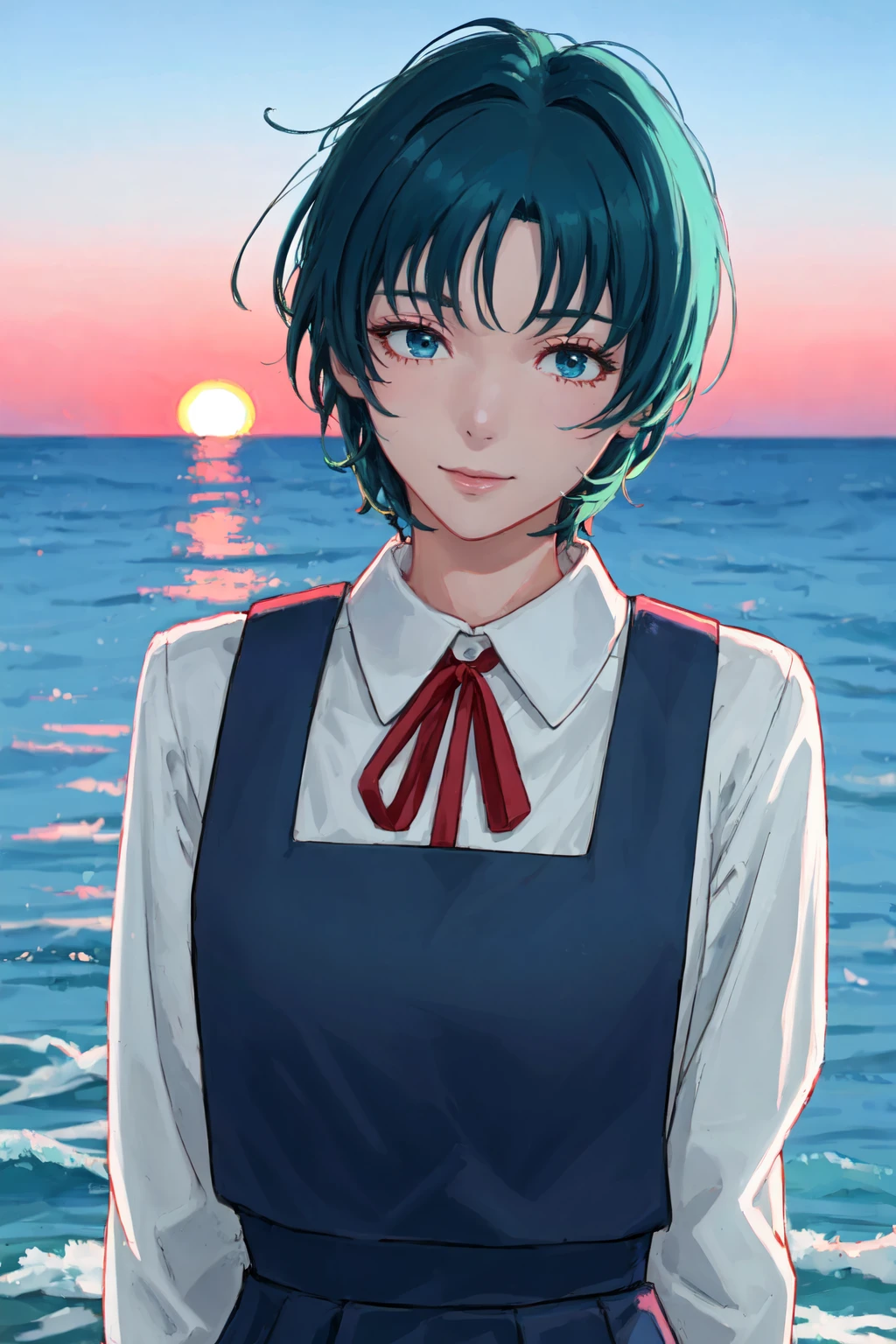 soft and warm color, movie still,bright, vivid,dreamy, evocative use of light and shadow, incredible beauty, anime style, vibrant, studio anime, beautiful, textural, ray tracing, absurdres, offical art, illustration, (((masterpiece))),(((best quality))),((ultra-detailed)), 1girl, aged_up, solo, looking at viewer, happy, arms behind head, (eri, sayonara_eri, short hair, black pinafore dres, pinafore dress, black ribbon, ribbon), blue eyes, manga, water backgound, outdoors, sunset, <lora:Goodbye_Eri-000006:0.8>
