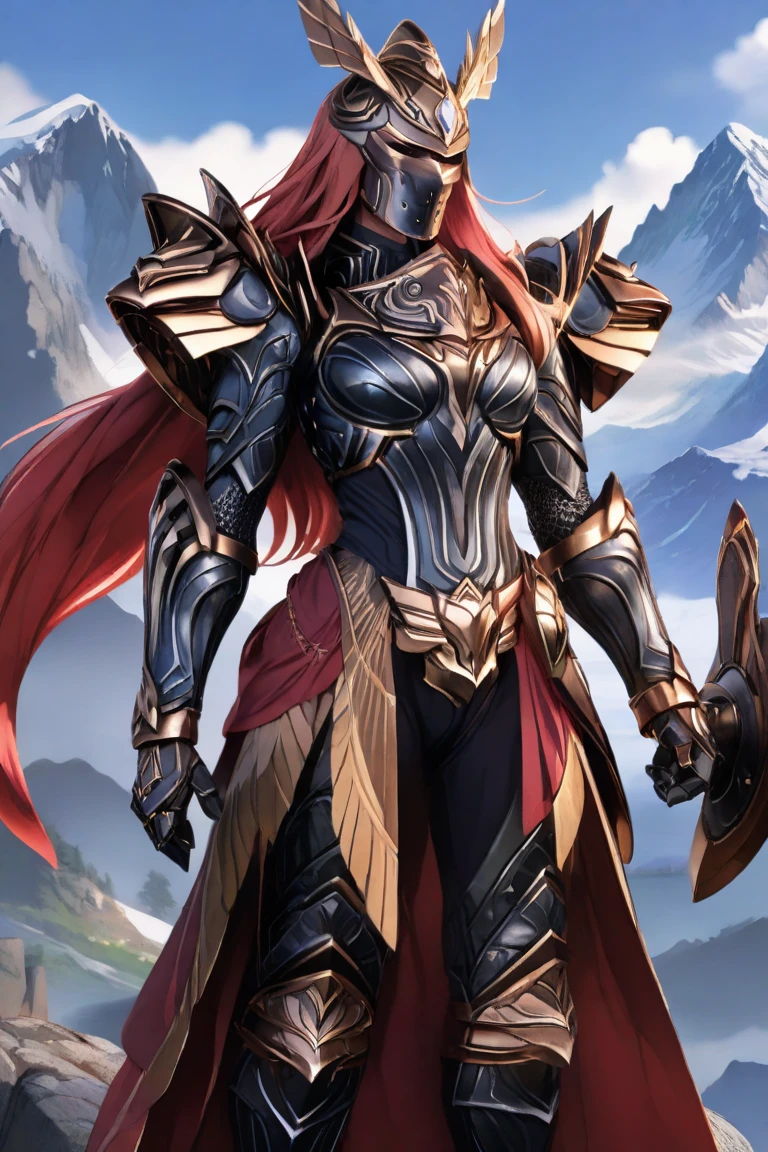 anime artwork hxarmour,1 woman,(black armour:1.1),mountain,<lora:HXarmour_004XL:0.9>, . anime style, key visual, vibrant, studio anime, highly detailed