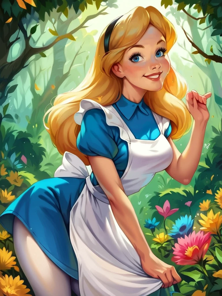 core_9, score_8_up, score_7_up, score_6_up, AliceWaifu walking in a forest around multiple flowers, magic particles, leaning forward, cute pose, medium breasts, narrow waist, wide hips, thick thighs, cinematic, naughty face, smile, blue eyes, blue dress, white pantyhose, apron, black hairband, blonde, disney style, looking at viewer, realistic, cute,
detailed landscape, cowboy shot,
<lora:AliceInWonderlandXLPony_character-10V2:0.8>